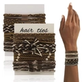 Ensemble d'élastiques à cheveux tissés et bracelets avec perles aux tons neutres - Lot Café/Marron 12Pcs
