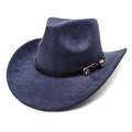 Detail eines dunkelblauen Wildleder-Cowboyhuts mit schwarzem Lederband und Goldschnalle - M (56-58cm) / Marineblau