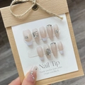 French nude gradient press-on nails with white tips and luxury crystal rhinestones - Large (L) / Elegant French Style