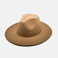 Detail view of khaki wool felt fedora with a wide flat brim and classic indented crown - Gradient Khaki