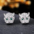 S925 silver cheetah head stud earrings with white zircons and green gemstone eyes - Leopard Head Studs (LED-88)