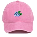 Gros plan détaillé sur la broderie myrtille d'une casquette rose en coton lavé - Réglable / Rose