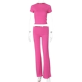 Women's 2-piece rose red crop top and high-waist flared pants ribbed knit set - S / Rose Red
