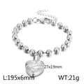 Silver stainless steel beaded heart pendant bracelet with dimension specs on white background - Model B Steel Color Bracelet