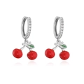 Detailed shot of cherry drop earrings with red enamel fruits and zircon studded hoops - Silver Red Enamel Green Leaf Cherry Earrings