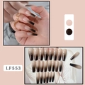 Detailed view of long coffin ombre nails in brown and pink with glitter sparkles - Black Gradient