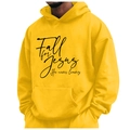 Yellow fleece hoodie featuring a black 'Fall for Jesus' slogan and kangaroo pocket - S / Tops / Yellow (Fall for Jesus)