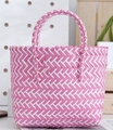 Close-up of pink and white geometric pattern on handcrafted woven tote basket bag - Medium (No Bow) / Pink Stripe