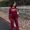 Slim fit burgundy long sleeve jumpsuit with cutout design and flared leg pants - S / Burgundy