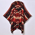 Ethnic hooded poncho for women featuring red and black knit jacquard patterns for winter warmth - 135x155cm / Black Red
