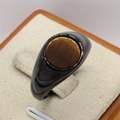 Minimalist black signet ring with a round yellow tiger eye gemstone inlay for men and women - Black Tiger Eye
