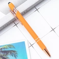 Orange matte aluminum stylus pen with rose gold metallic clip on a white grid background - Orange