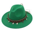 Detail of ethnic silver coins on a wide brim green felt fedora hat for stage performance - Grass Green