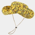 Detail of yellow bucket hat with cartoon duck print, chin strap and plastic toggle - Little Duck