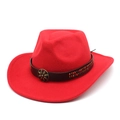 Detail of red western hat with leather band, gold studs and bronze floral buckle - M (56-58cm) / Red