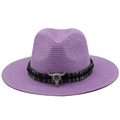 Deep purple woven straw hat with ethnic band and silver bull skull ornament - M(56-58cm) / Taro Purple