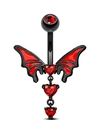 Detail of black metal navel ring with red bat wings and three heart-shaped gemstone charms - Belly Ring