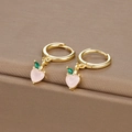 S925 gold heart earrings with pink zircon peach pendant and green leaf accents - Gold Peach