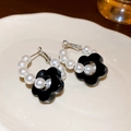 S925 silver needle pearl hoop earrings featuring a black flower pendant charm - Black Flower Pearl Hoop (48# Silver Needle)