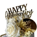Golden mirror acrylic Happy Anniversary cake topper set with custom date on white roses - Style 2 / Gold