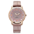 Women's quartz watch with rose gold case, pink dial, and crocodile leather strap - Coffee