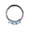 Hinged surgical steel nose ring with three iridescent round opal-like gemstones - 14# Silver - AB Rainbow Zirconia