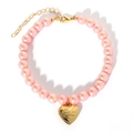 Pink faux pearl pet collar with a golden heart locket engraved with I Love You - Pink