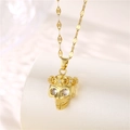 Hiphop gold skull pendant necklace with floral crown and zircon stones on metal chain - Gold (Lip Chain)