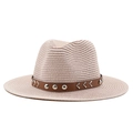 Beige wide brim straw sun hat with brown leather band and silver metal studs for beach - Nude Pink