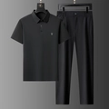 Men's black ice silk short sleeve polo shirt and straight pants casual set - XL/175 / Black