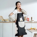 Waterproof black kitchen apron with cartoon girl print and beige side hand towels - Hand-wipe Style / Black