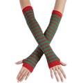 Rainbow striped knit arm warmers in red and green festive colors with thumb holes - Fingerless Gloves with Thumb Hole / Red Green Stripes
