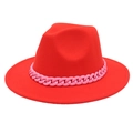 Detail of red wide brim fedora hat featuring a chunky pink acrylic chain decoration - Orange Red