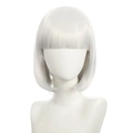 Detailed view of short white BOBO wig with straight bangs on a model head - White