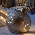 Detail of 60cm champagne gold inflatable PVC Christmas ball with silver glitter snowflakes - Golden Snowflake Stripes