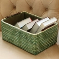 Cesta de almacenamiento tejida verde con forro de tela y asas de cuero marrón café - 40*28*18cm / Verde Extra Grande