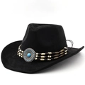 Detail van zwarte cowboyhoed met een etnische kralenband en turquoise metalen sieraad - M (56-58cm) / Zwart