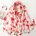 Floral voile scarf with red flowers, green leaves and tassels for women's travel shawl - White Base Red Floral & Green Leaf (SL2505-005)