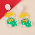 Detailed view of Christmas stocking earrings with green acrylic base and red berry accents - Bell Boots