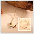Three-tone heart charms necklace and bracelet set in gold silver and rose gold finishes - Heart Necklace & Bracelet Set (E719-I719)