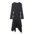 Dark gray long sleeve midi dress with asymmetric hem and eyelet buckle belt - XS / Black