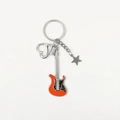 Creative orange metal guitar keychain with star charm and heart clasp on white background - Orange Star Style Guitar