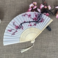Classic folding fan with white silk and red plum blossom print and white tassel - No.56 White Red Plum Tassel