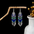 Bohemian silver drop earrings with blue turquoise beads and metallic ethnic tassels - E5989-2 Teal Beaded Tassel