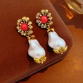 Vintage gold flower earrings with red crystal and baroque pearl pendant in a jewelry box - Silver Pin Earrings-Gold-Pink-White