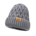 Winter gray thick cable knit beanie with warm fleece lining and leather brand patch - Gray