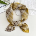 Chic yellow and beige plaid cotton linen square neck scarf tied as a hair accessory - Square Line Yellow