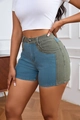 Detail of color-block denim shorts featuring blue and olive green patchwork design - S / Green