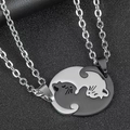 Macro shot of silver and black cat couple necklaces in Tai Chi style on dark surface - Round Yin Yang / Black & Silver Cat (Pair + Chains)