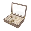 Wooden Jewelry Box with Glass Lid Display Organizer for Rings Earrings and Watches - 3+1 Grid Jewelry Box / Black Walnut / Linen Inner